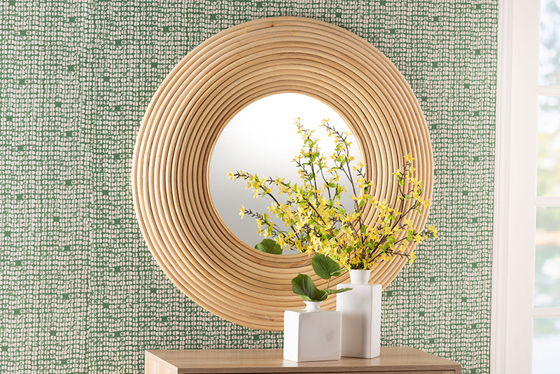 Nevio Modern Bohemian Natural Brown Rattan Round Accent Wall Mirror