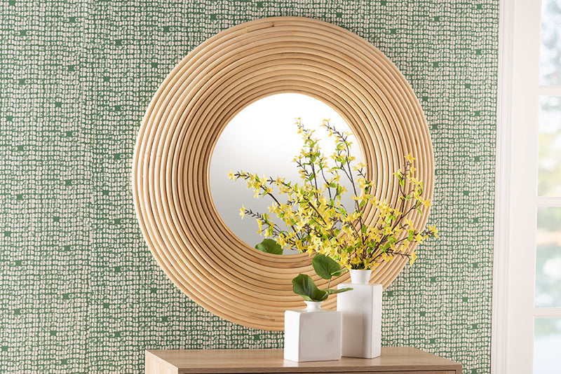 Nevio Natural Brown Rattan Round Accent Wall Mirror Baxton