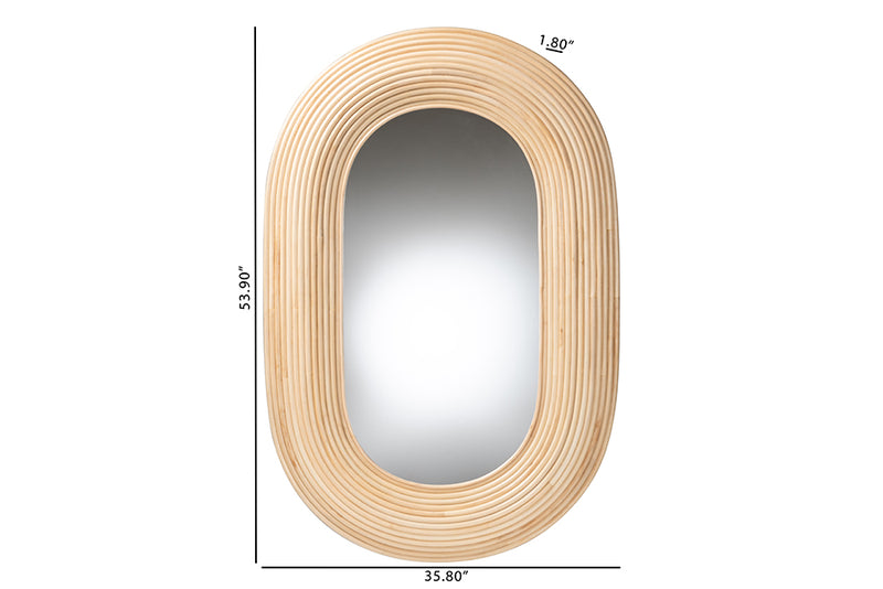 Nevio Modern Bohemian Natural Brown Rattan Oval Accent Wall Mirror