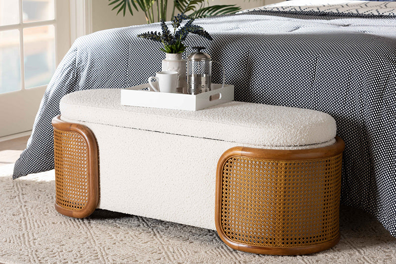 Diwata Japandi Cream Boucle Fabric Storage Bench w/Woven Rattan