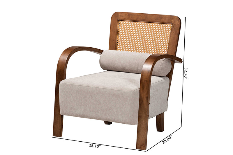 Horton Modern Japandi Light Gray Fabric and Walnut Brown Finished Wood Arm Chair w/Woven Rattan