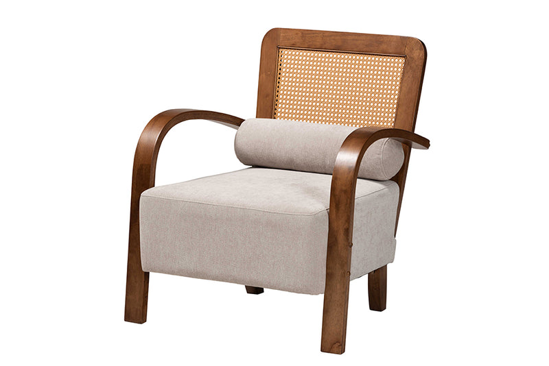 Horton Modern Japandi Light Gray Fabric and Walnut Brown Finished Wood Arm Chair w/Woven Rattan