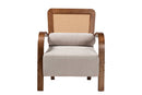 Horton Japandi Light Gray Fabric and Walnut Brown Arm Chair w/Woven Rattan Baxton