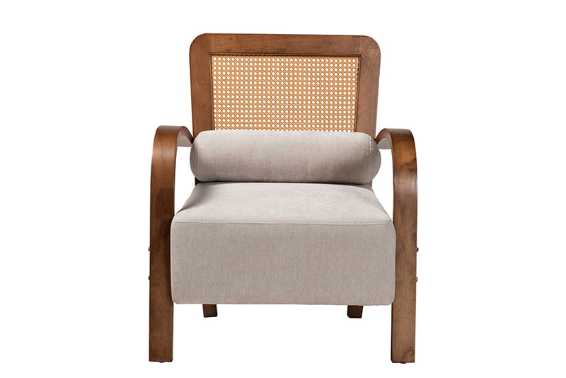 Horton Modern Japandi Light Gray Fabric and Walnut Brown Finished Wood Arm Chair w/Woven Rattan