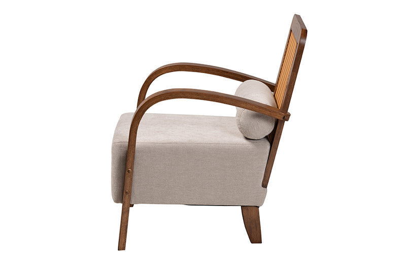 Horton Modern Japandi Light Gray Fabric and Walnut Brown Finished Wood Arm Chair w/Woven Rattan