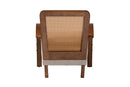 Horton Japandi Light Gray Fabric and Walnut Brown Arm Chair w/Woven Rattan Baxton