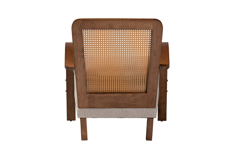 Horton Japandi Light Gray Fabric and Walnut Brown Arm Chair w/Woven Rattan Baxton