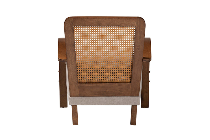 Horton Modern Japandi Light Gray Fabric and Walnut Brown Finished Wood Arm Chair w/Woven Rattan