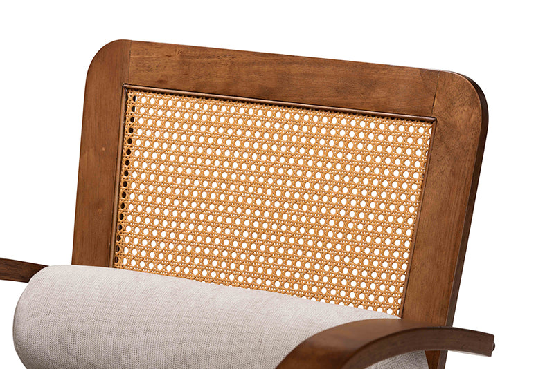 Horton Modern Japandi Light Gray Fabric and Walnut Brown Finished Wood Arm Chair w/Woven Rattan