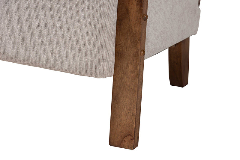Horton Japandi Light Gray Fabric and Walnut Brown Arm Chair w/Woven Rattan Baxton