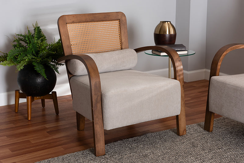 Horton Modern Japandi Light Gray Fabric and Walnut Brown Finished Wood Arm Chair w/Woven Rattan