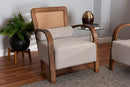 Horton Japandi Light Gray Fabric and Walnut Brown Arm Chair w/Woven Rattan Baxton