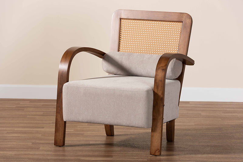 Horton Modern Japandi Light Gray Fabric and Walnut Brown Finished Wood Arm Chair w/Woven Rattan