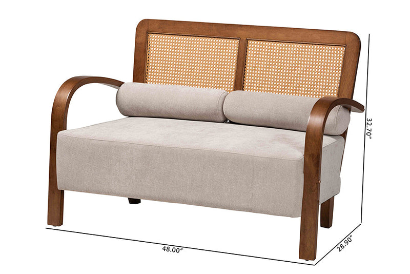 Horton Modern Japandi Light Gray Fabric and Walnut Brown Loveseat w/Woven Rattan Baxton