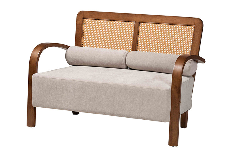 Horton Modern Japandi Light Gray Fabric and Walnut Brown Finished Wood Loveseat w/Woven Rattan