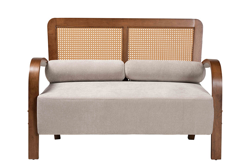 Horton Modern Japandi Light Gray Fabric and Walnut Brown Finished Wood Loveseat w/Woven Rattan