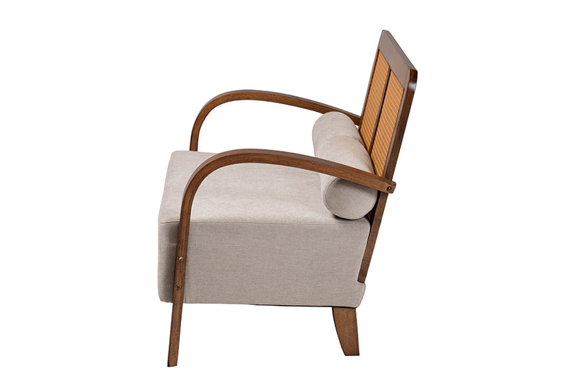 Horton Modern Japandi Light Gray Fabric and Walnut Brown Finished Wood Loveseat w/Woven Rattan