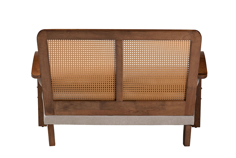 Horton Modern Japandi Light Gray Fabric and Walnut Brown Finished Wood Loveseat w/Woven Rattan