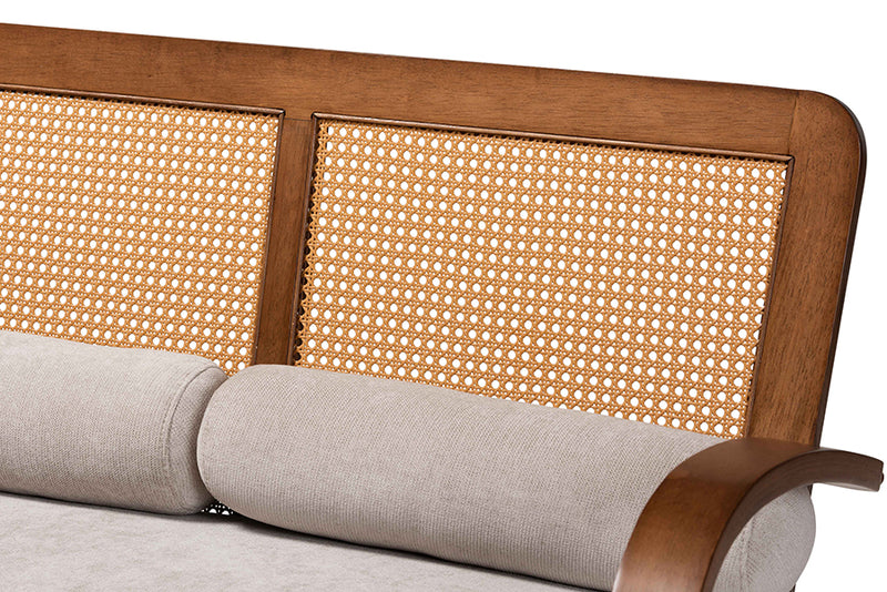 Horton Modern Japandi Light Gray Fabric and Walnut Brown Finished Wood Loveseat w/Woven Rattan