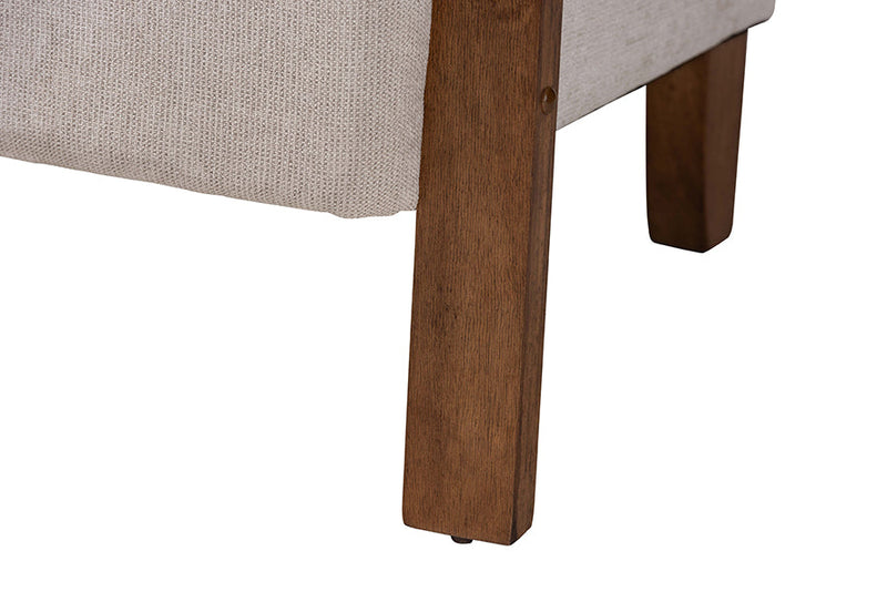 Horton Modern Japandi Light Gray Fabric and Walnut Brown Loveseat w/Woven Rattan Baxton