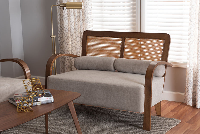 Horton Modern Japandi Light Gray Fabric and Walnut Brown Finished Wood Loveseat w/Woven Rattan