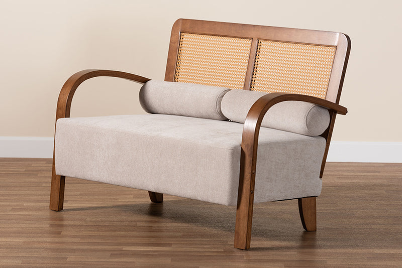 Horton Modern Japandi Light Gray Fabric and Walnut Brown Finished Wood Loveseat w/Woven Rattan