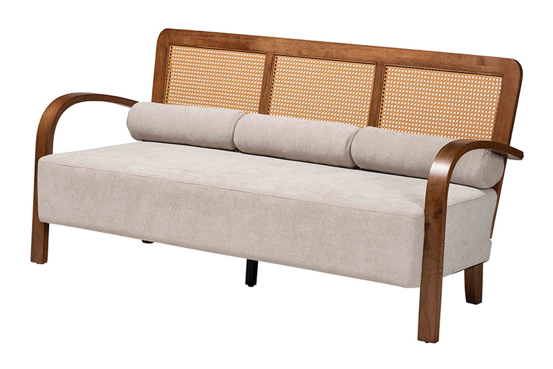 Horton Modern Japandi Light Gray Fabric and Walnut Brown Finished Wood Sofa w/Woven Rattan