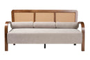 Horton Modern Japandi Light Gray Fabric and Walnut Brown Sofa w/Woven Rattan Baxton