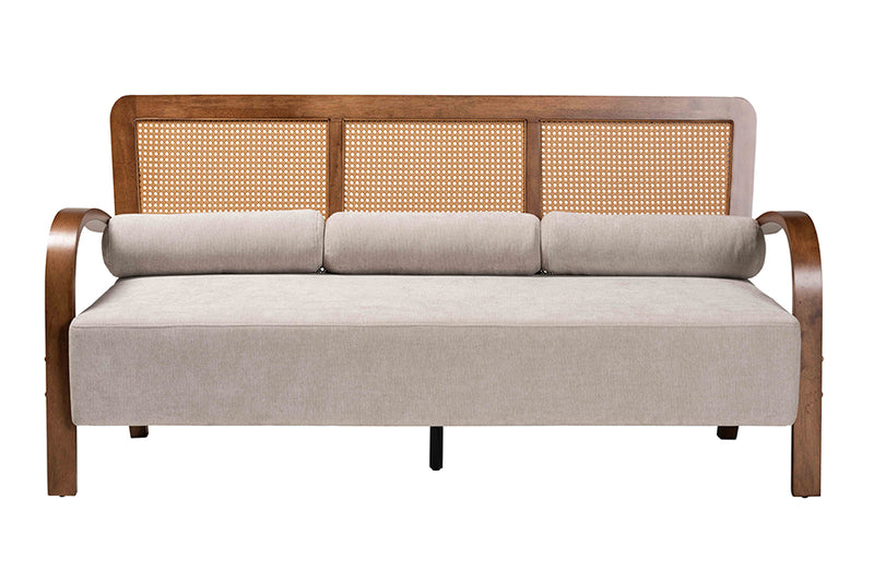 Horton Modern Japandi Light Gray Fabric and Walnut Brown Finished Wood Sofa w/Woven Rattan