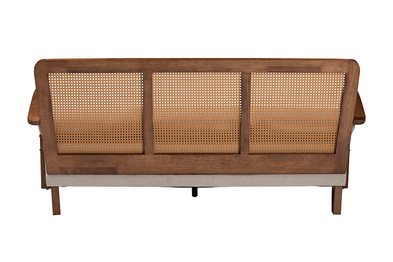 Horton Modern Japandi Light Gray Fabric and Walnut Brown Finished Wood Sofa w/Woven Rattan