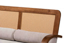 Horton Modern Japandi Light Gray Fabric and Walnut Brown Sofa w/Woven Rattan Baxton