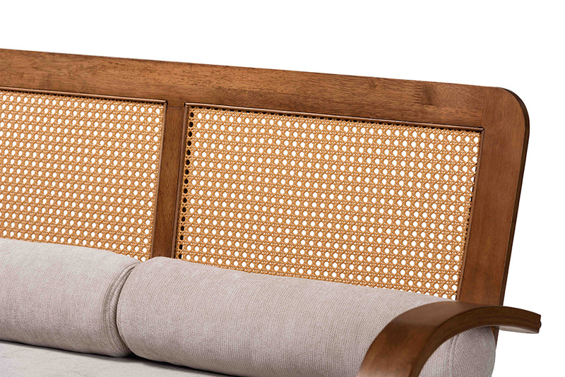 Horton Modern Japandi Light Gray Fabric and Walnut Brown Finished Wood Sofa w/Woven Rattan