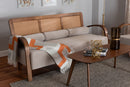 Horton Modern Japandi Light Gray Fabric and Walnut Brown Sofa w/Woven Rattan Baxton