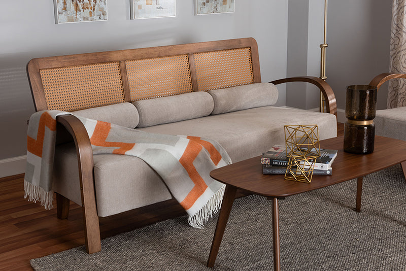 Horton Modern Japandi Light Gray Fabric and Walnut Brown Finished Wood Sofa w/Woven Rattan