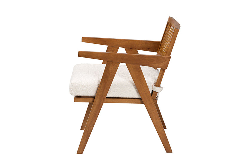 Raphael Japandi Cream Boucle Fabric and Walnut Brown Arm Chair Baxton