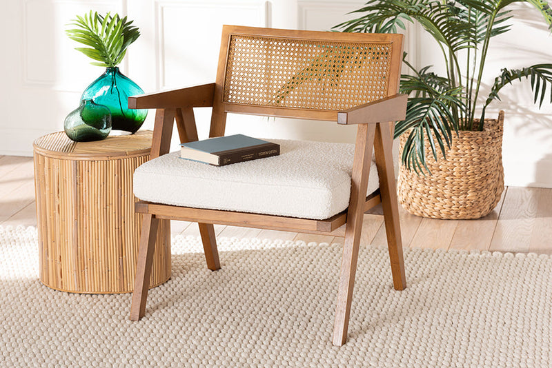 Raphael Japandi Cream Boucle Fabric and Walnut Brown Arm Chair Baxton