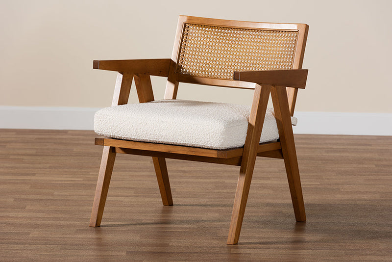 Raphael Japandi Cream Boucle Fabric and Walnut Brown Arm Chair Baxton