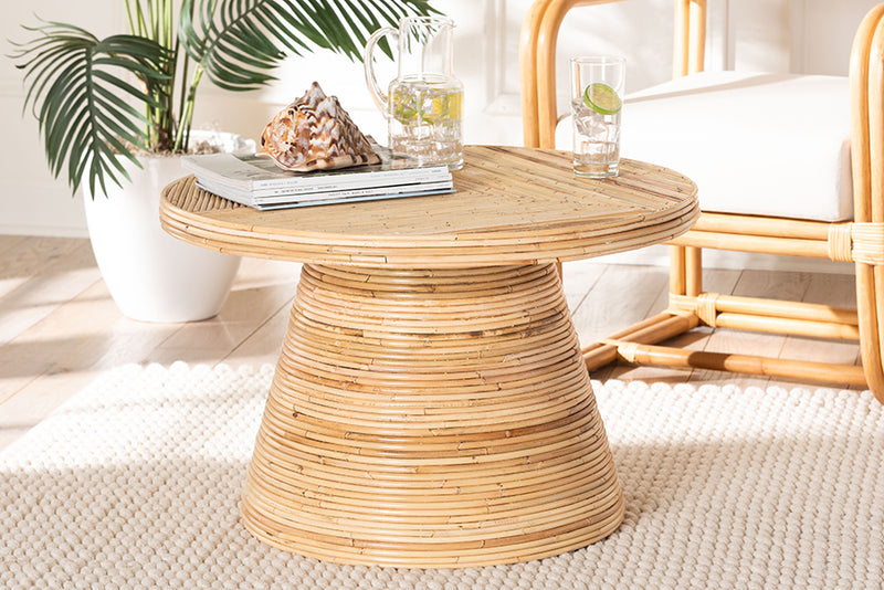 Saverio Modern Bohemian Natural Rattan and Mahogany Wood Coffee Table 