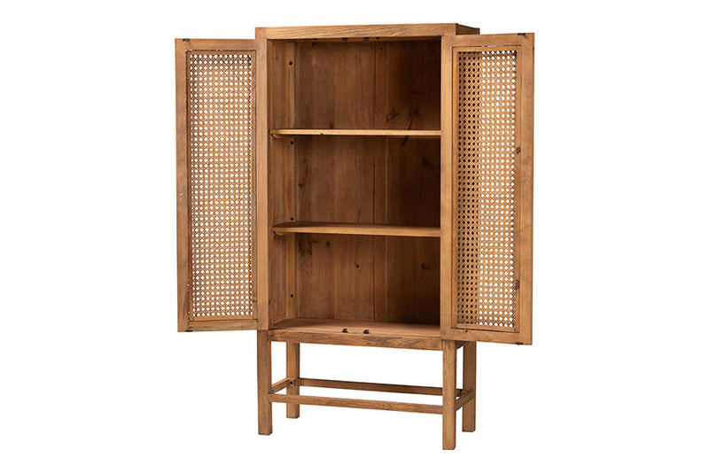 Carlin Bohemian Natural Rattan and Teak Wood Tall Cabinet Baxton