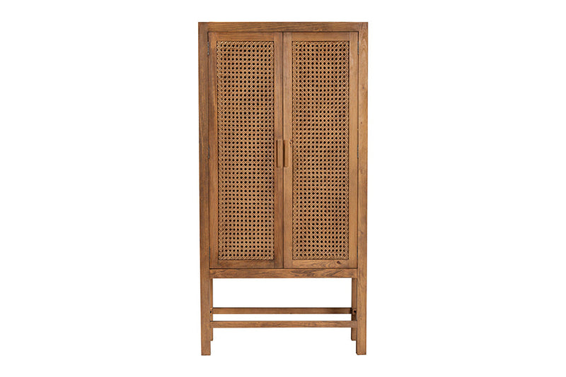 Carlin Bohemian Natural Rattan and Teak Wood Tall Cabinet Baxton