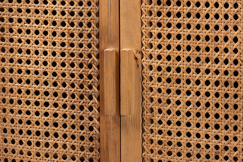 Carlin Bohemian Natural Rattan and Teak Wood Tall Cabinet Baxton