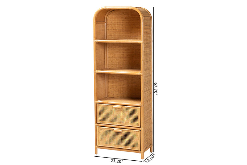 Kendall Modern Bohemian Light Honey Rattan 2-Drawer Bookcase