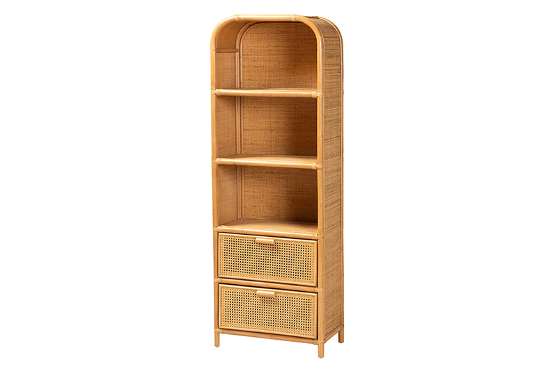 Kendall Modern Bohemian Light Honey Rattan 2-Drawer Bookcase