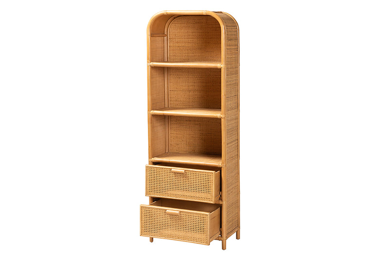 Kendall Modern Bohemian Light Honey Rattan 2-Drawer Bookcase