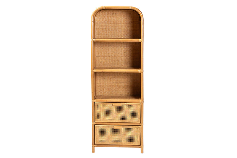 Kendall Modern Bohemian Light Honey Rattan 2-Drawer Bookcase