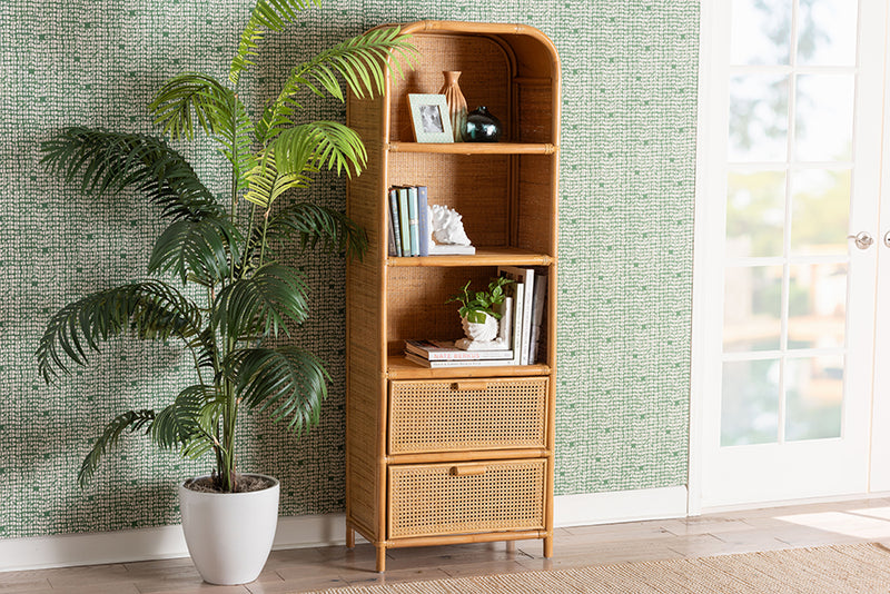 Kendall Modern Bohemian Light Honey Rattan 2-Drawer Bookcase