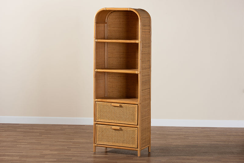 Kendall Modern Bohemian Light Honey Rattan 2-Drawer Bookcase