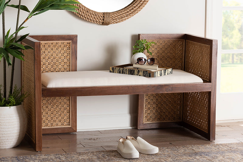 Mila Bohemian Light Honey Rattan and Acacia Wood Accent Bench