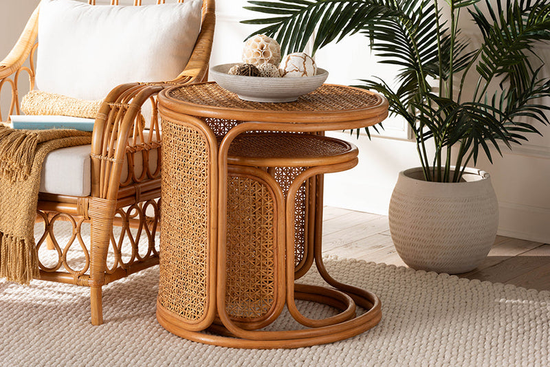 Julia Bohemian Honey Rattan 2Pc Nesting End Table Set Baxton