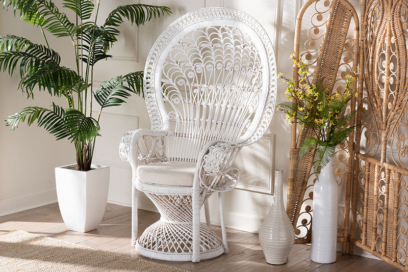 Rondell Modern Bohemian White Natural Rattan Peacock Chair